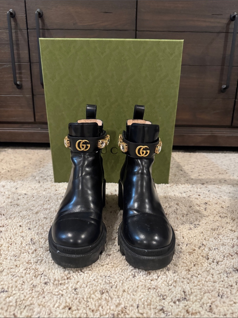 Gucci Black Leather Crystal-Trim Lug Sole Ankle Boots - Picture 2 of 4